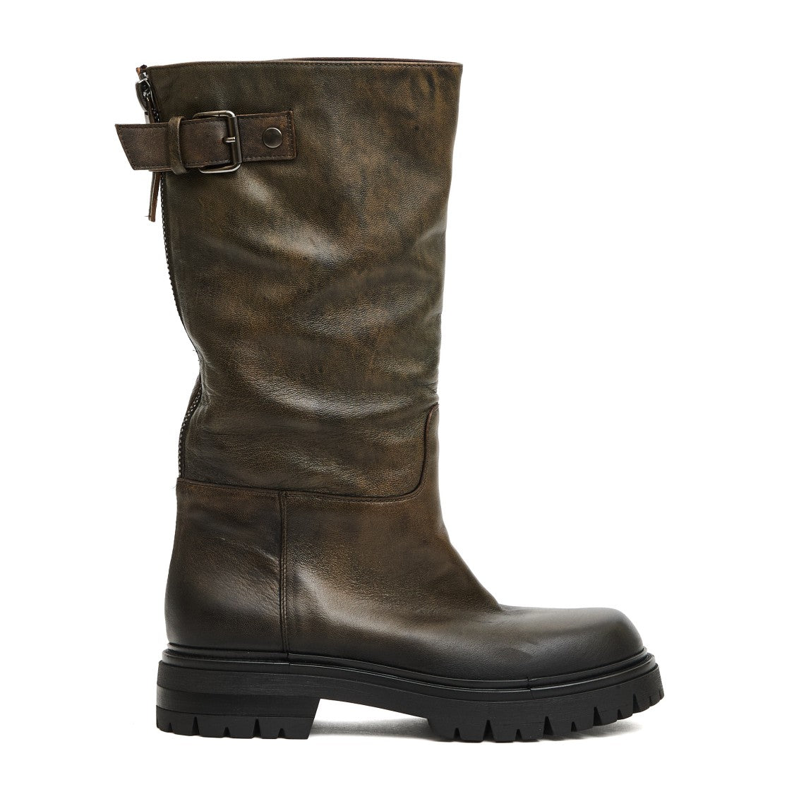 Elena Iachi Mid-Calf Aged Leather Boots With Chunky Lug Sole