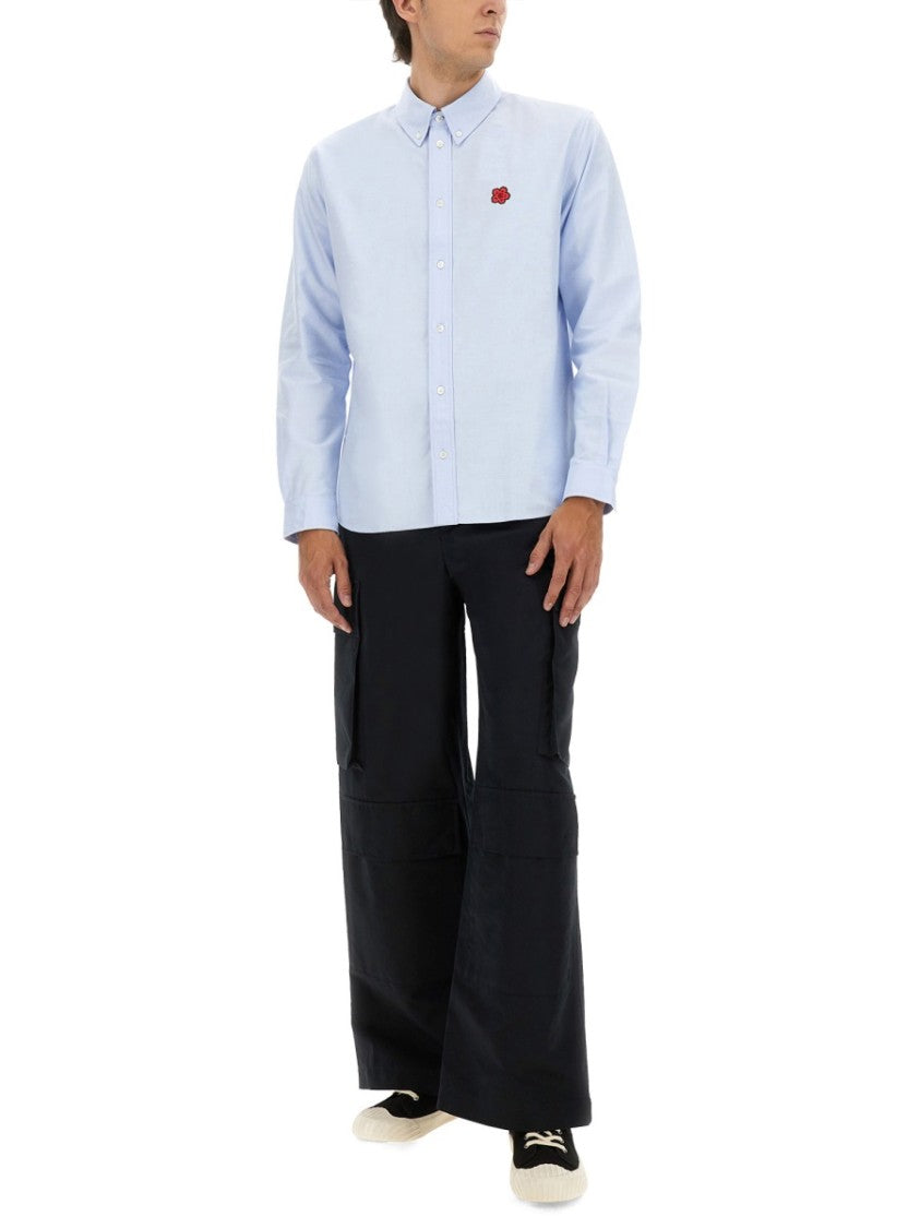 Kenzo Button-Down Cotton Shirt With Embroidered Floral Detail