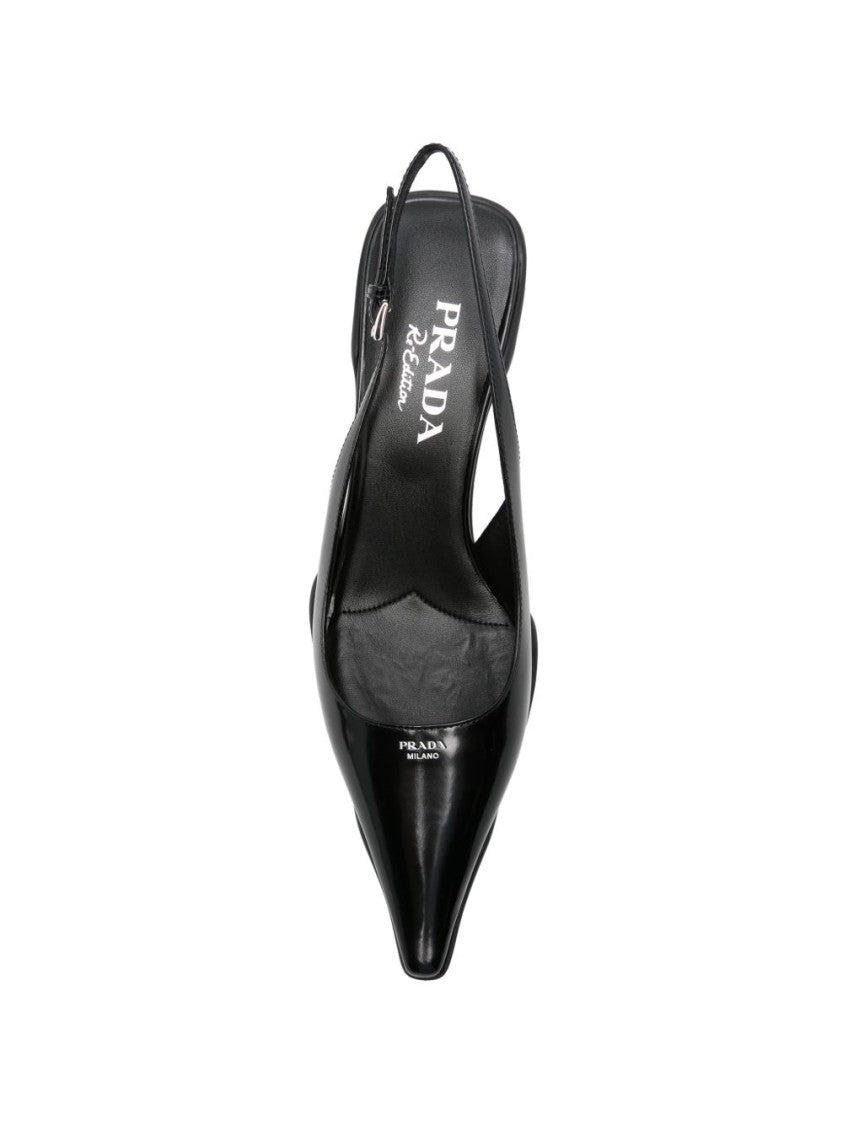 Prada Glossy Calf Leather Pointed Toe Slingback Flats