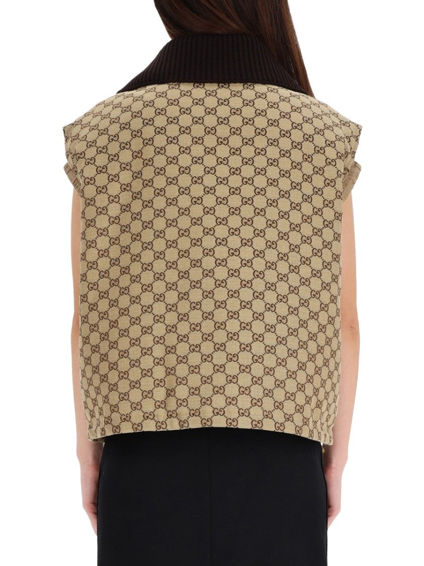 Gucci Canvas Vest With Monogram Pattern And Leather Label