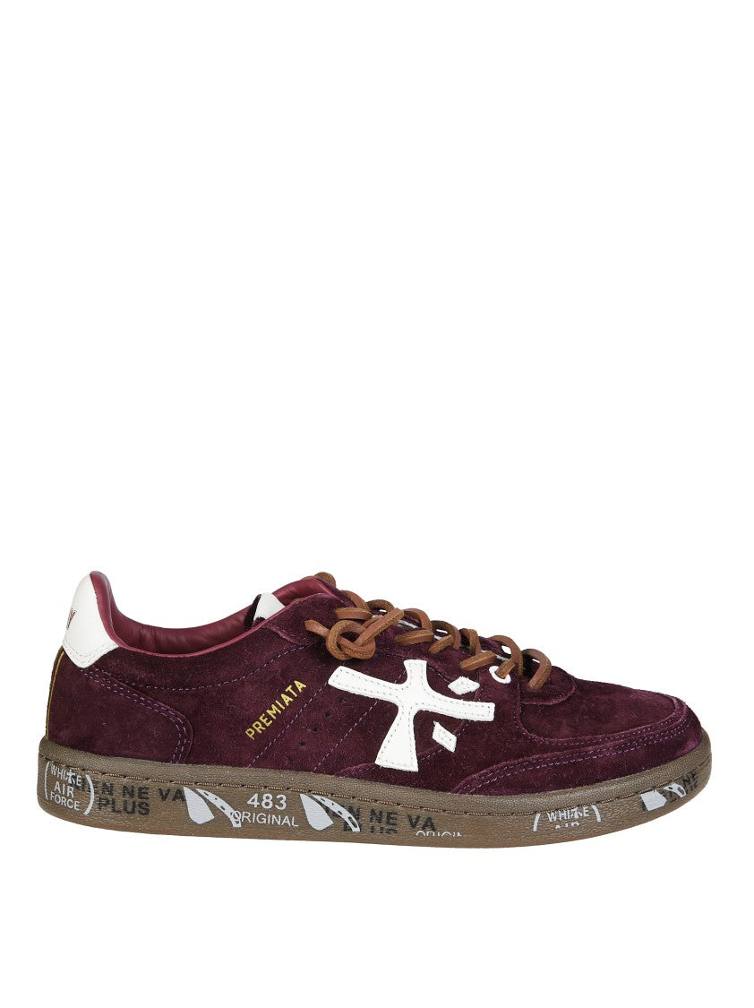 Premiata Burgundy Suede Sneakers With Graphic Text Accents
