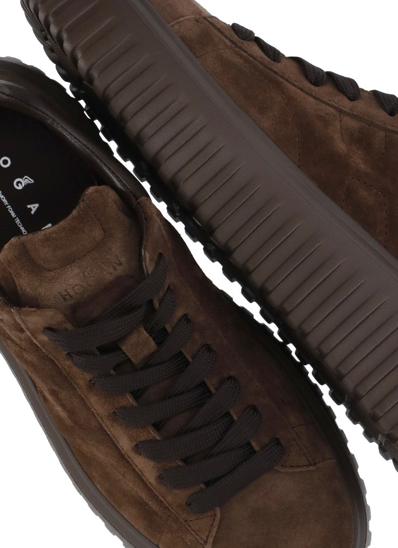 Hogan Round Toe Brown Suede Sneakers With Logo Embellishments And Elevated Sole