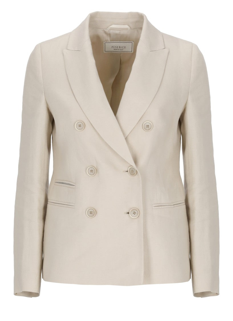 Peserico Beige Linen Double-Breasted Blazer