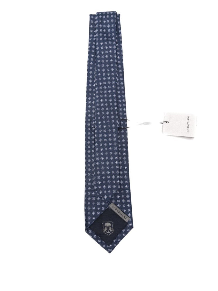 Corneliani Silk Tie With Geometric Pattern In Deep Blue