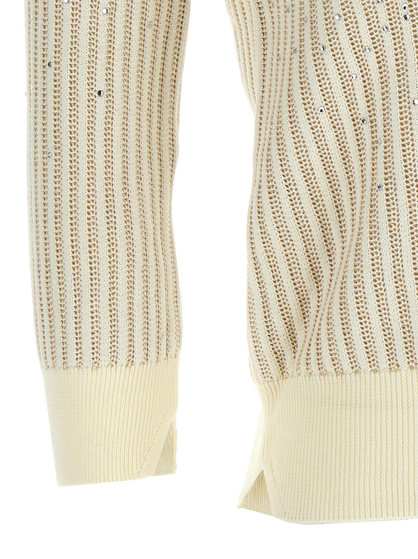 Ermanno Scervino Rhinestone-Embellished Cotton Sweater With V-Neck And 3/4 Sleeves