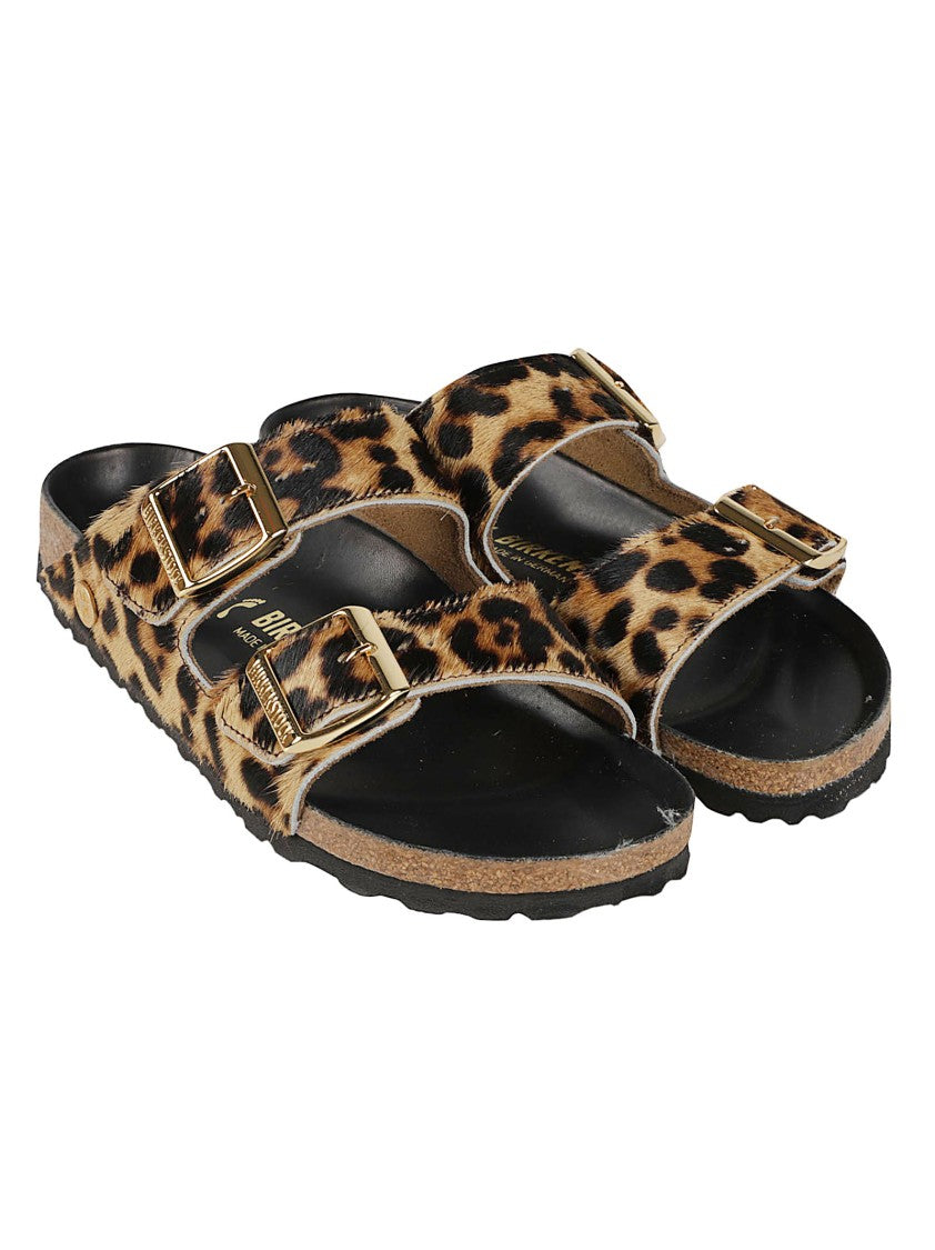 Birkenstock Arizona Fur Hex Leopard Print Two-Strap Leather Sandals