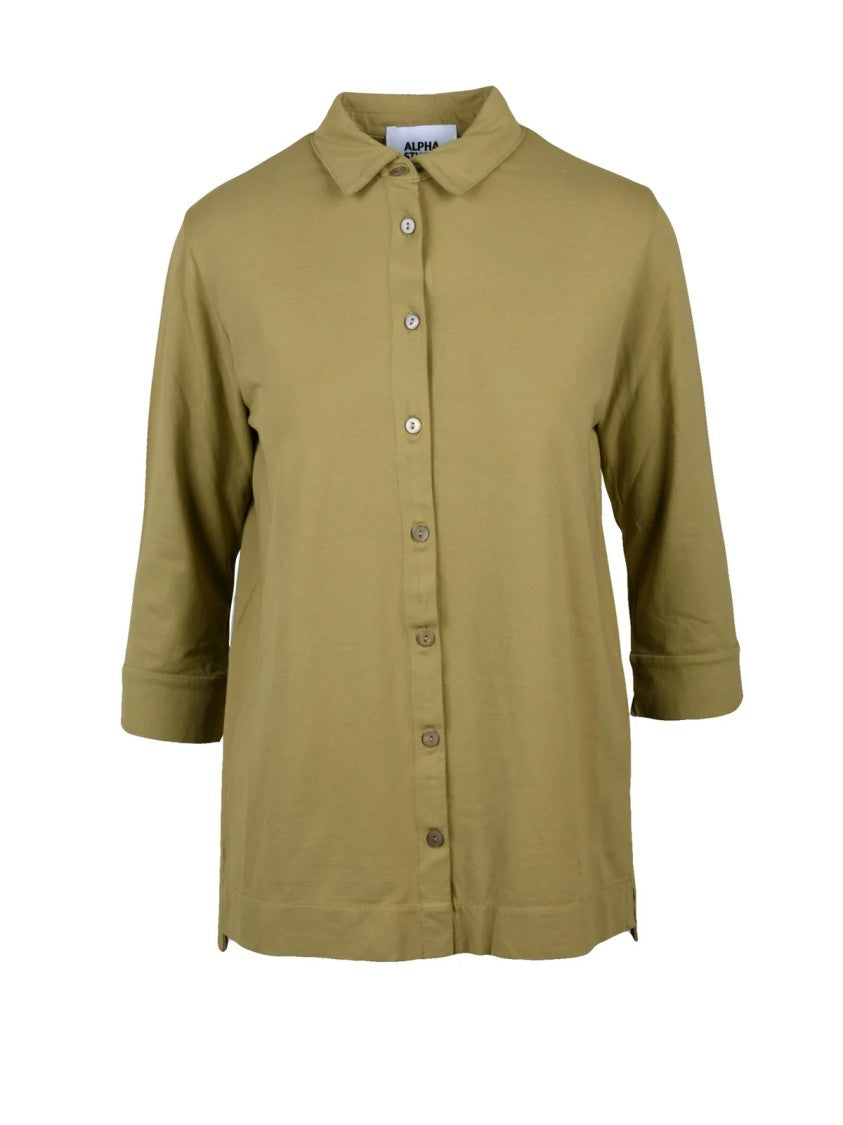 Alpha Studio Khaki Classic Button-Down Stretch Cotton Shirt