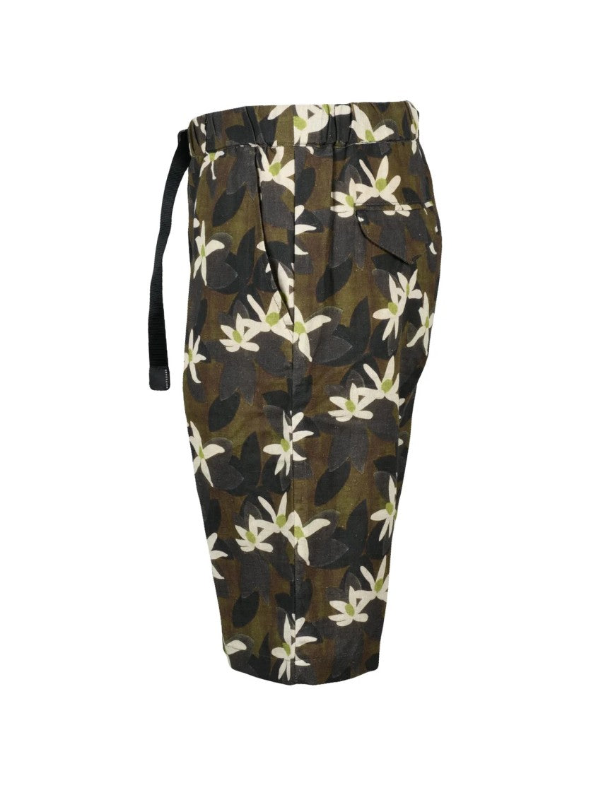 White Sand Khaki Floral Camouflage Print Linen-Blend Bermuda Shorts