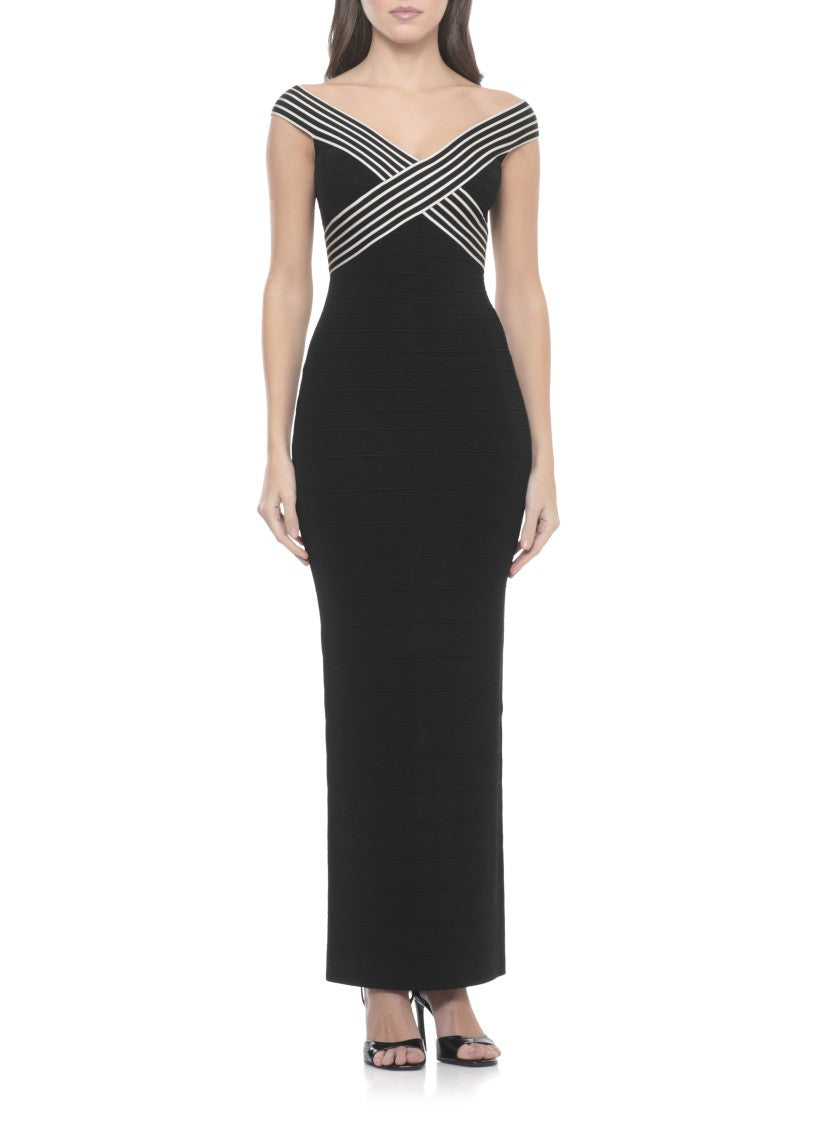 Elisabetta Franchi Black V-Neck Midi Dress With Striped Accents