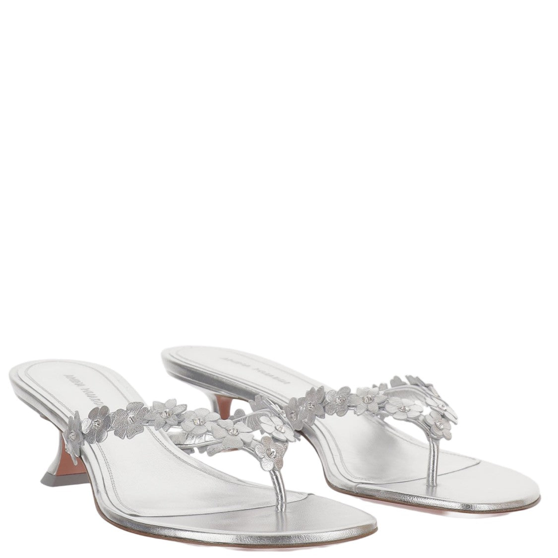Amina Muaddi Floral Appliqué Thong Leather Sandals With Flared Heel