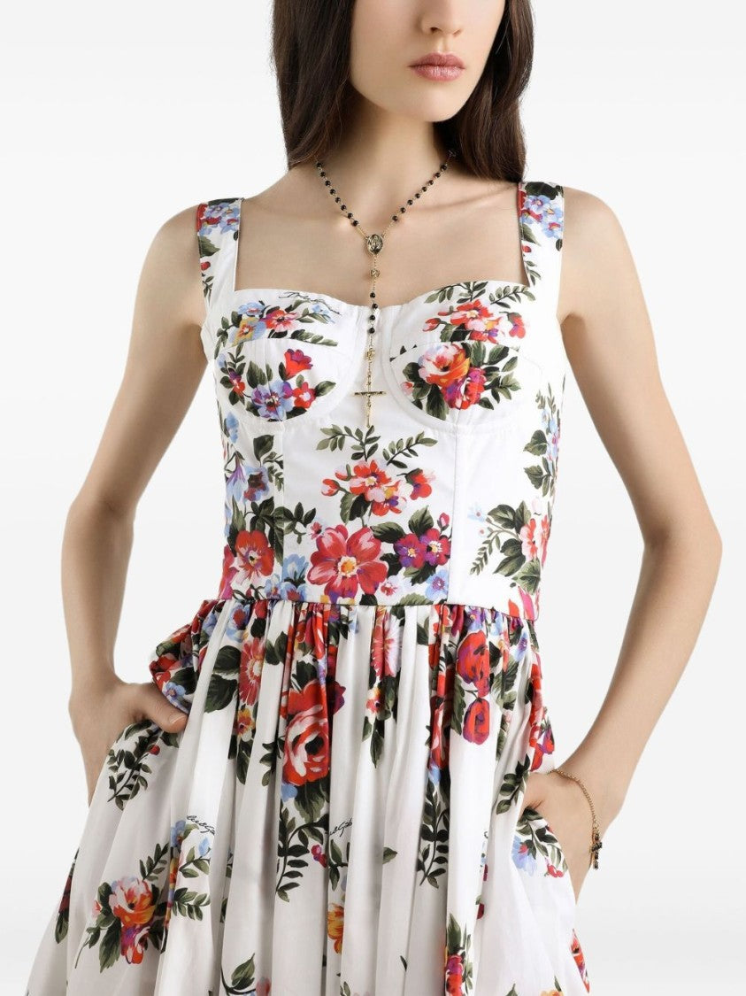 Dolce & Gabbana Floral Midi Dress With Fitted Bodice And Gathered Skirt