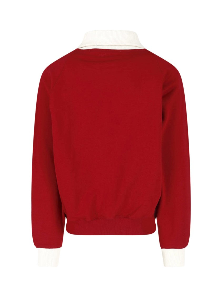 Ami Paris Red Zip-Up Logo Cotton Sweatshirt