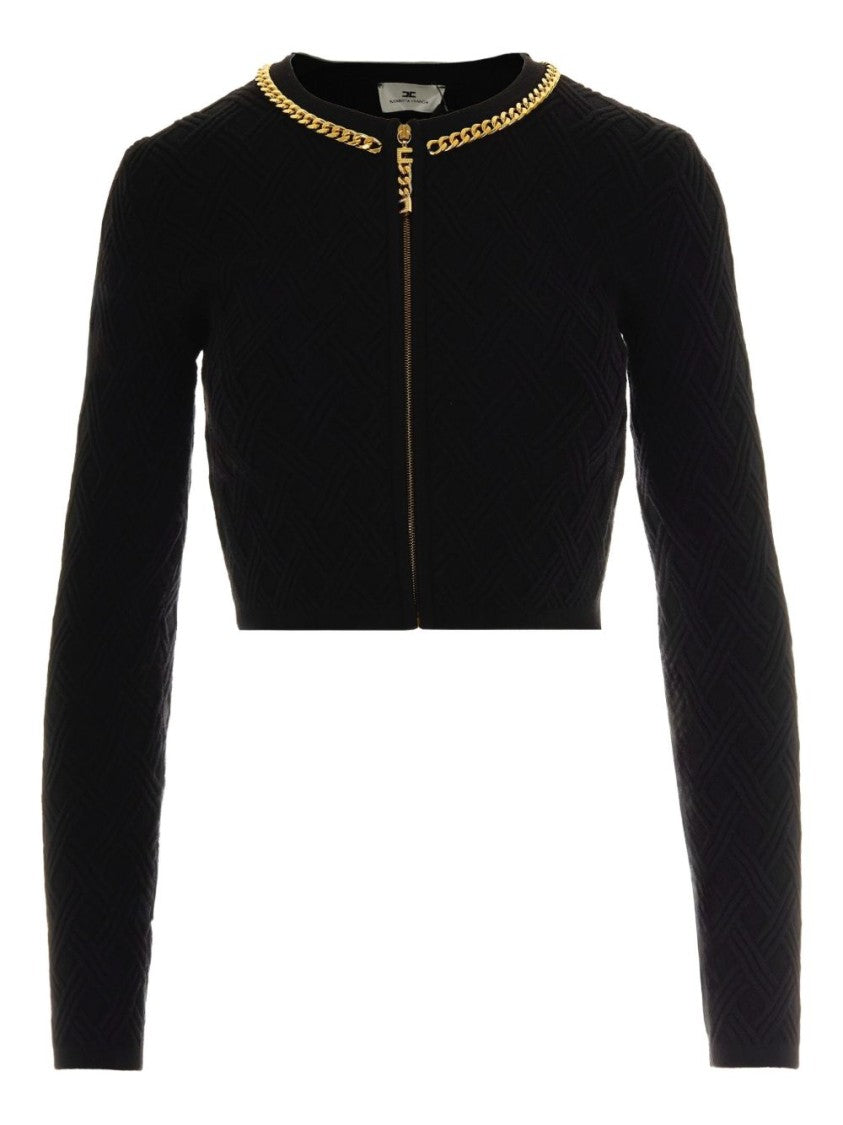 Elisabetta Franchi Fitted Black Sweater With Textured Geometric Pattern