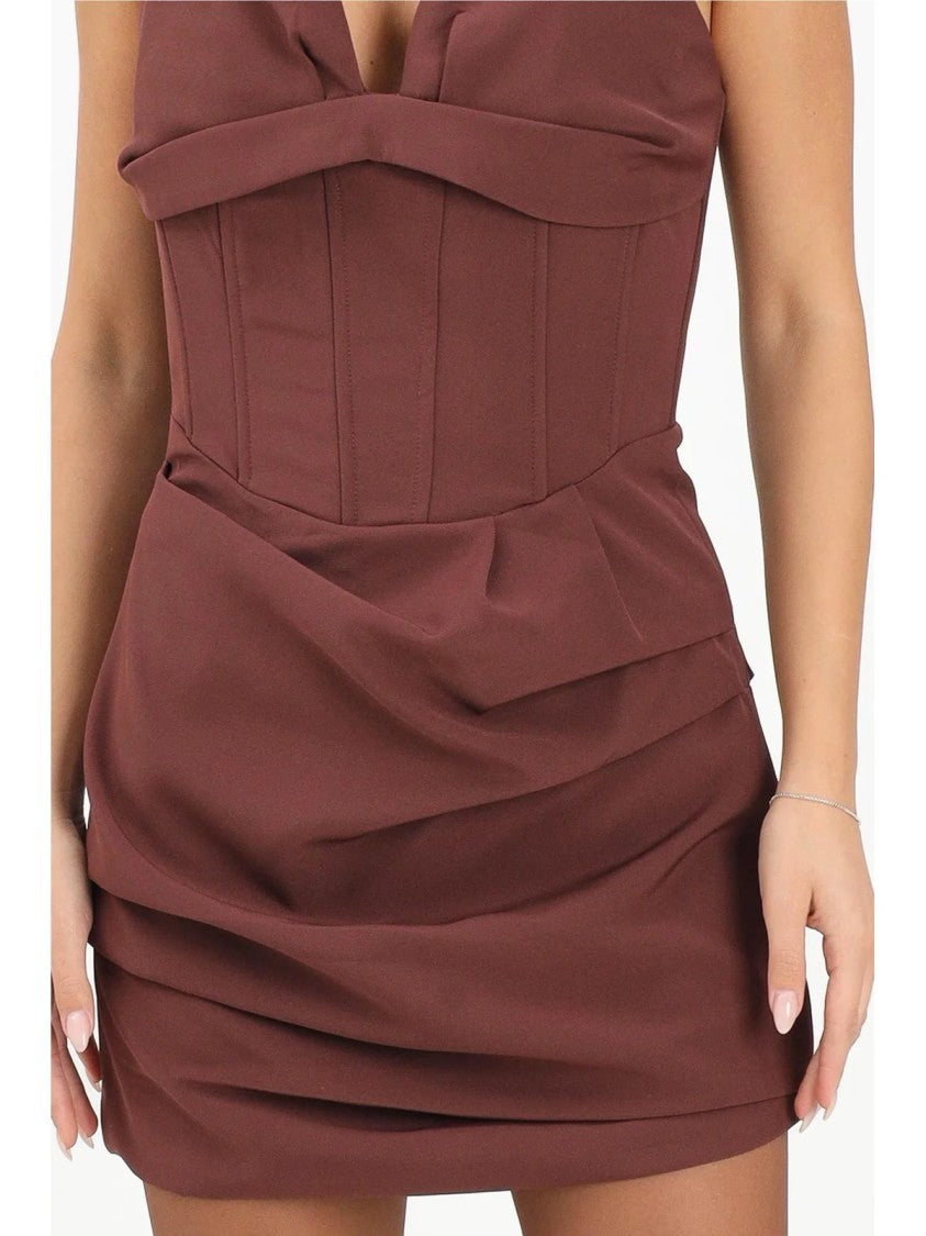 Tpn Asymmetric Bustier Dress With Draped Skirt In Warm Chocolate