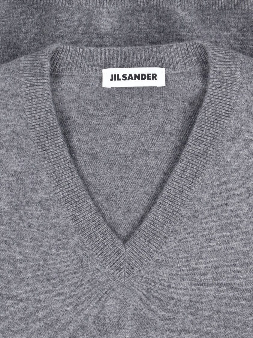 Jil Sander Grey Cashmere V-Neck Sweater