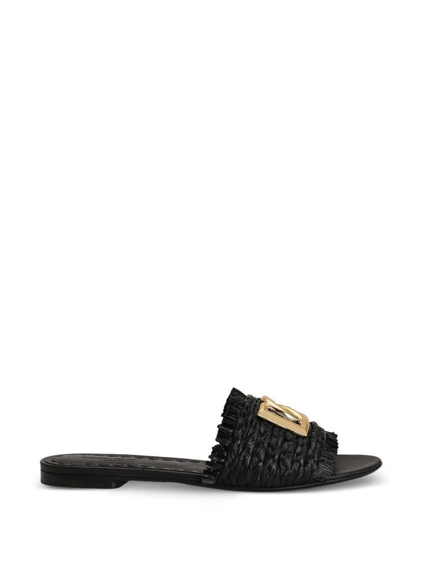 Dolce & Gabbana Black Woven Texture Gold Logo Sandals