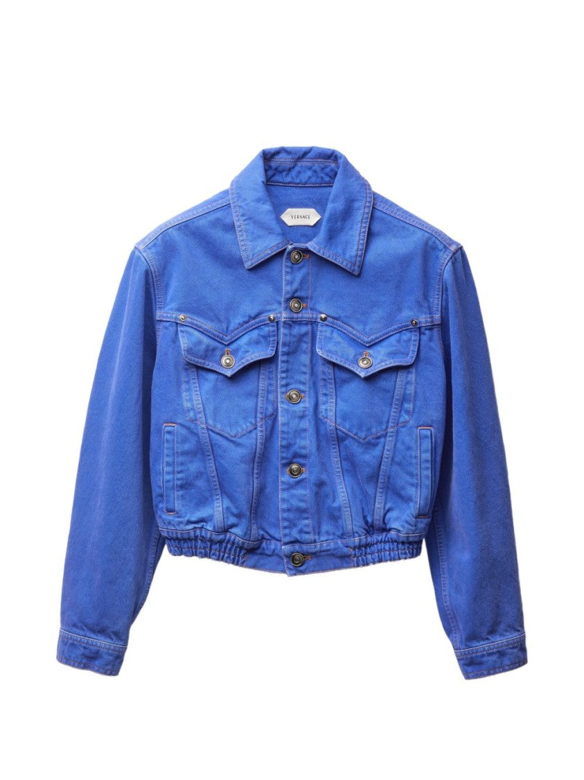 Versace Cropped Jacket In Vibrant Blue Hue With Classic Collar