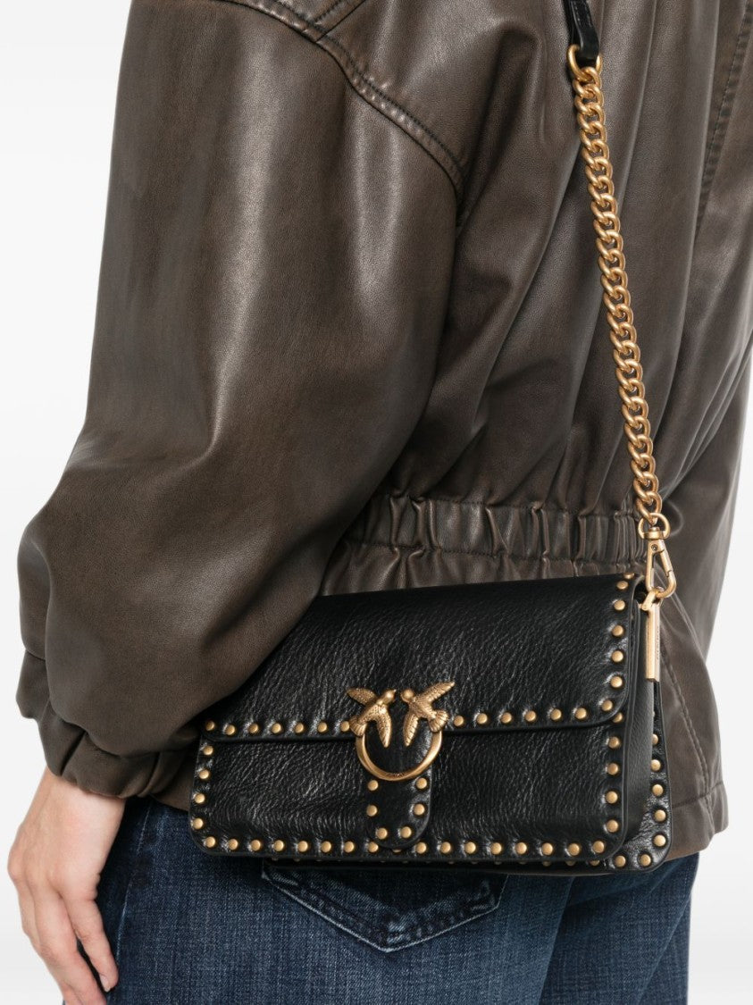 Pinko Black Small Embellished Studded Leather Shoulder Bag