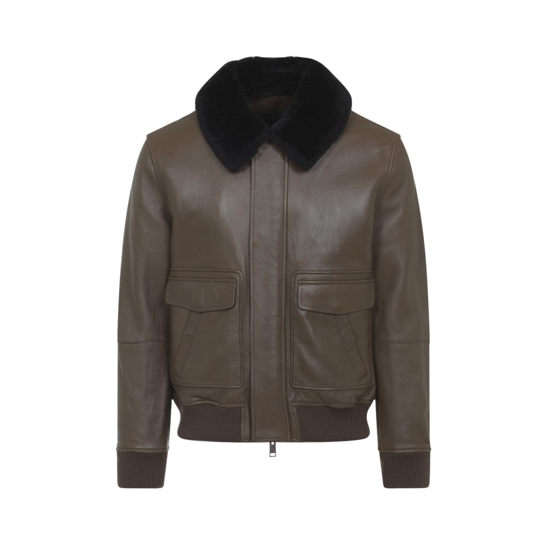 Yves Salomon Lamb Leather Jacket With Black Fur Collar And Flap Pockets