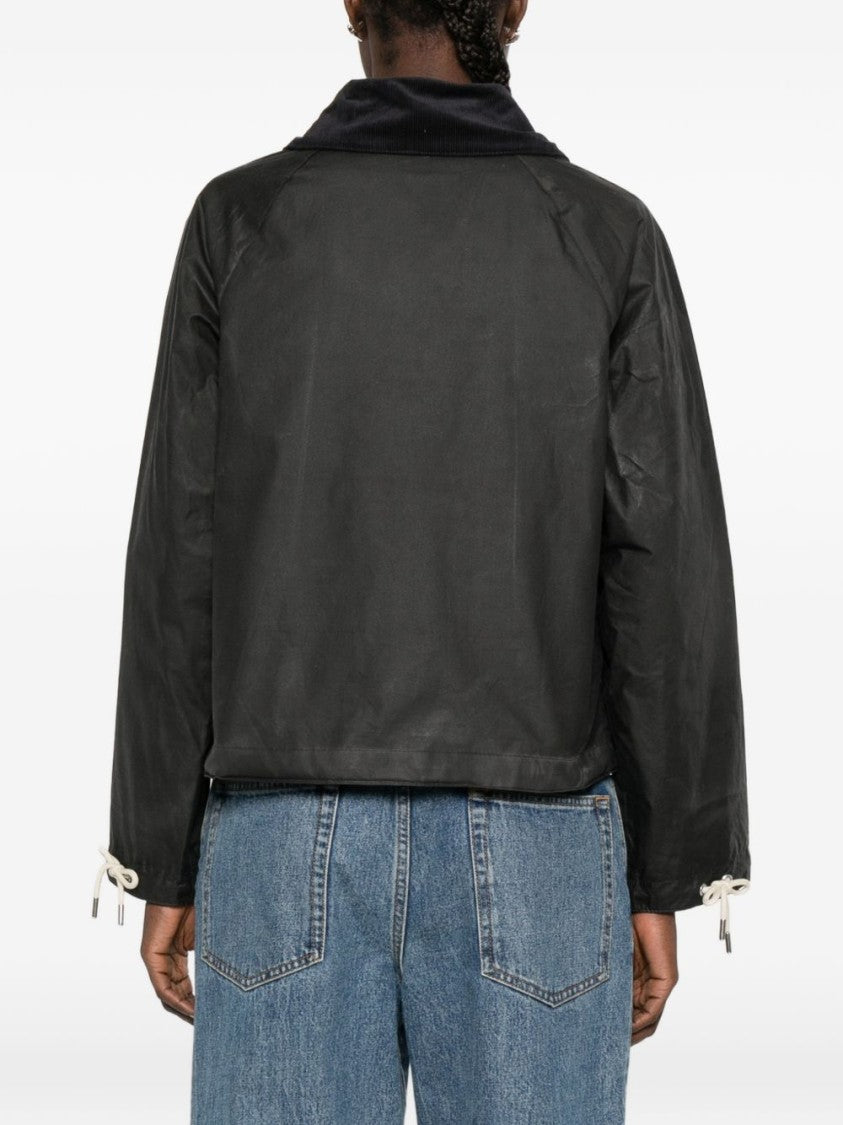 Barbour Short Grey Coat With Corduroy Collar And Flap Pockets
