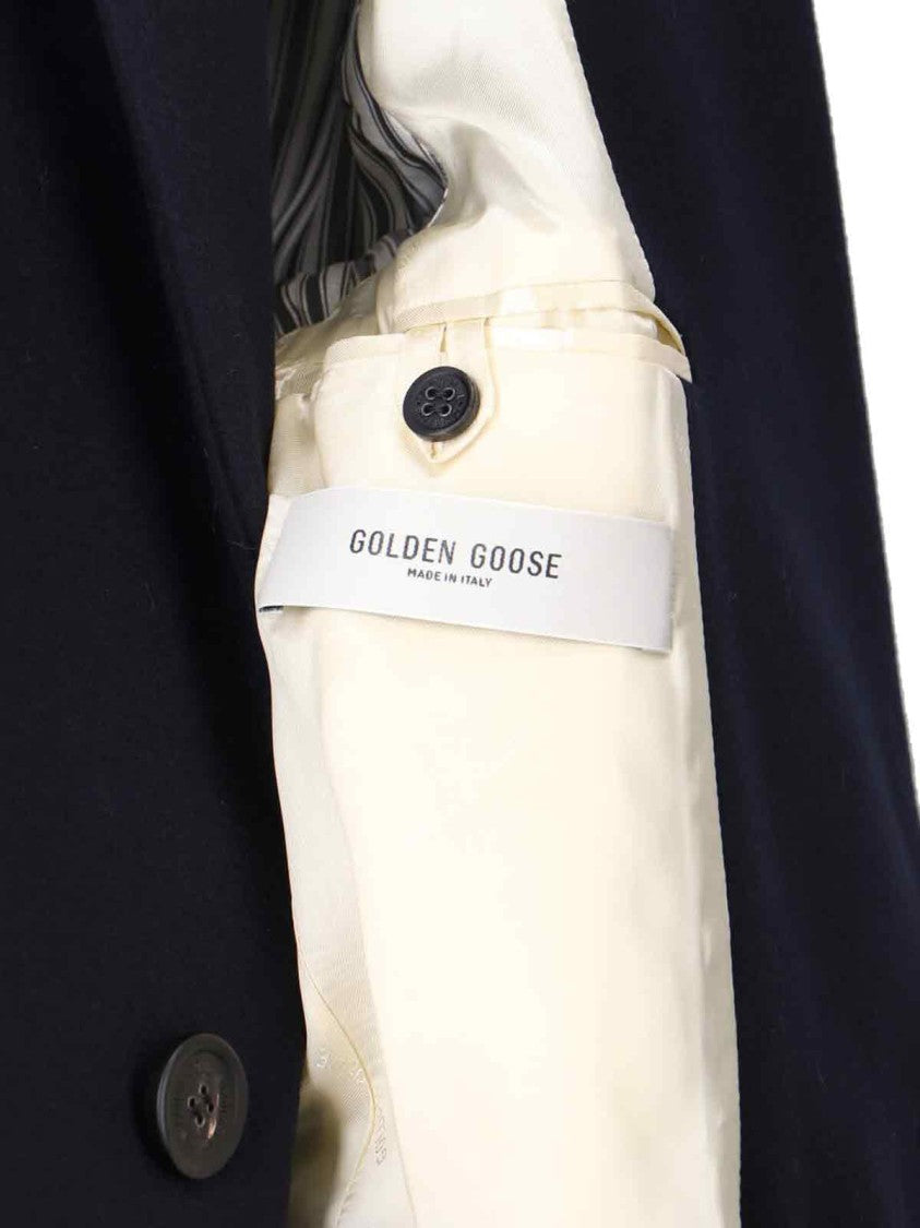 Golden Goose Navy Wool Blend Coat With Star Logo