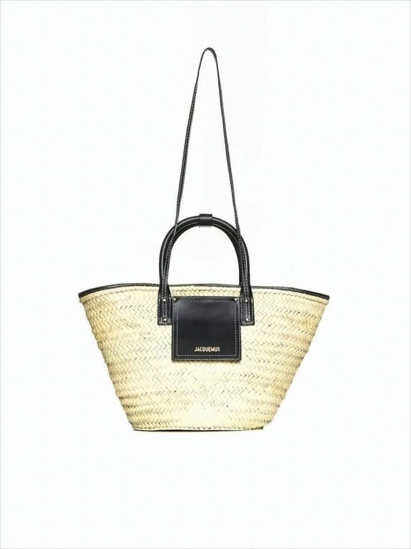 Jacquemus Trapezoidal Woven Straw Tote Bag With Leather Accents