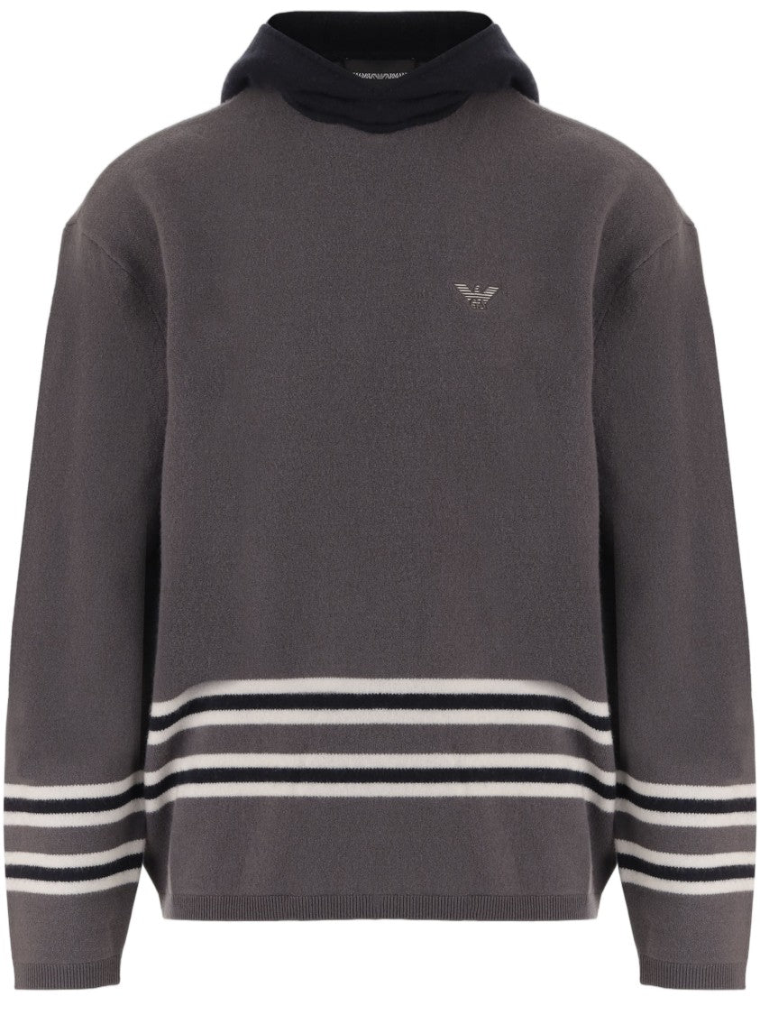 Emporio Armani Gray Virgin Wool Contrast Hooded Sweater