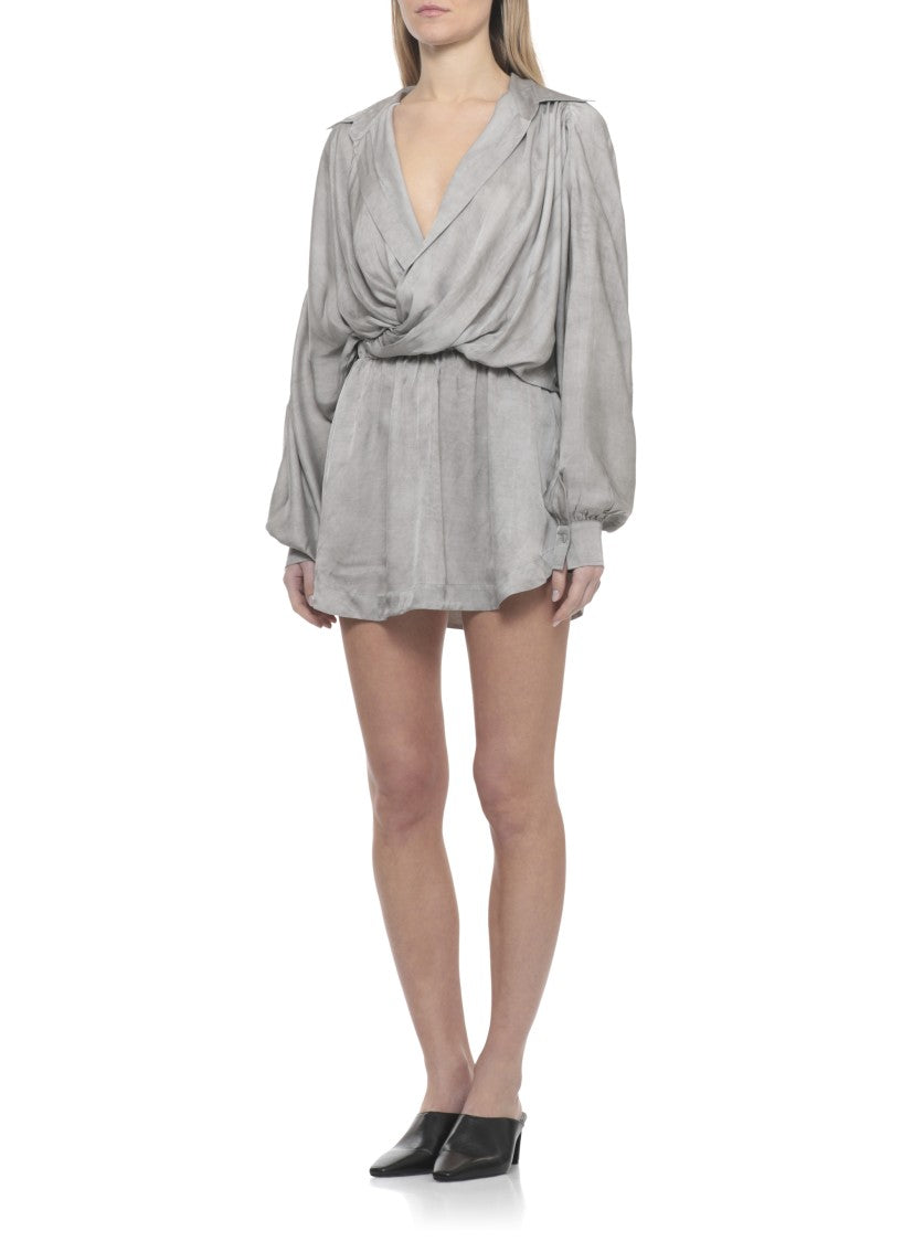 The Andamane Draped Grey Viscose Mini Dress With V-Neck And Buttoned Sleeves