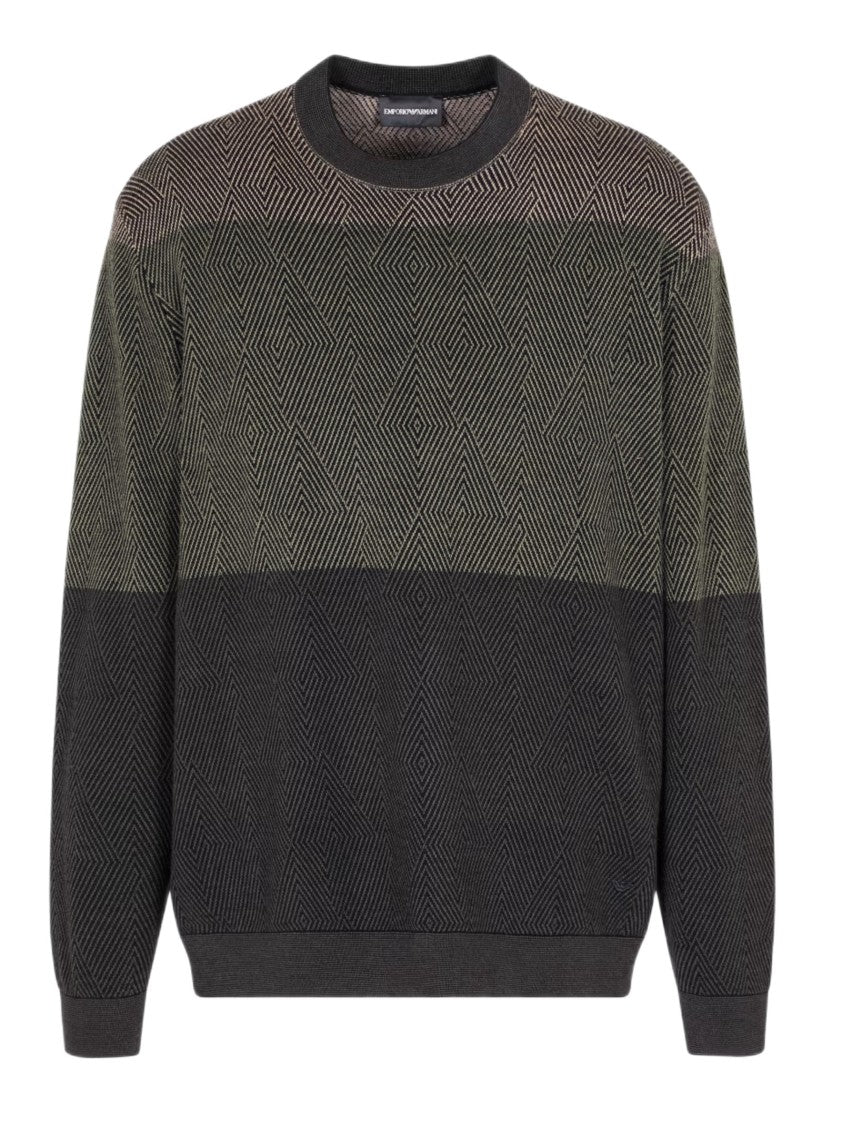 Emporio Armani Dense Jacquard Crew Neck Sweater With Color-Block Design
