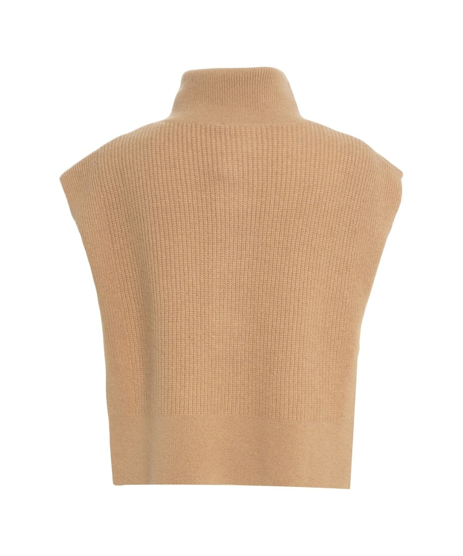 Liu Jo Sleeveless Beige Knit Vest With Embellished Shoulder And High Collar