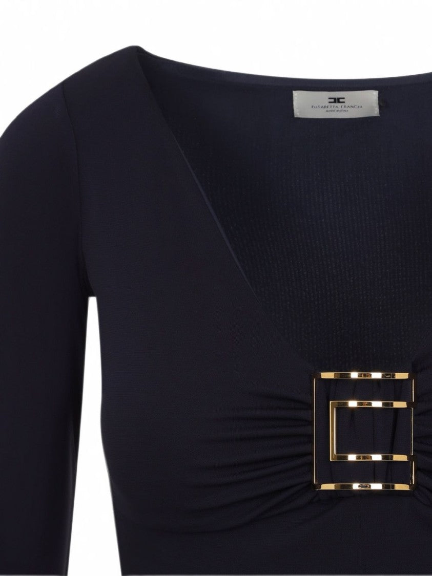 Elisabetta Franchi Fitted Deep V-Neck Buckled Long-Sleeve Top