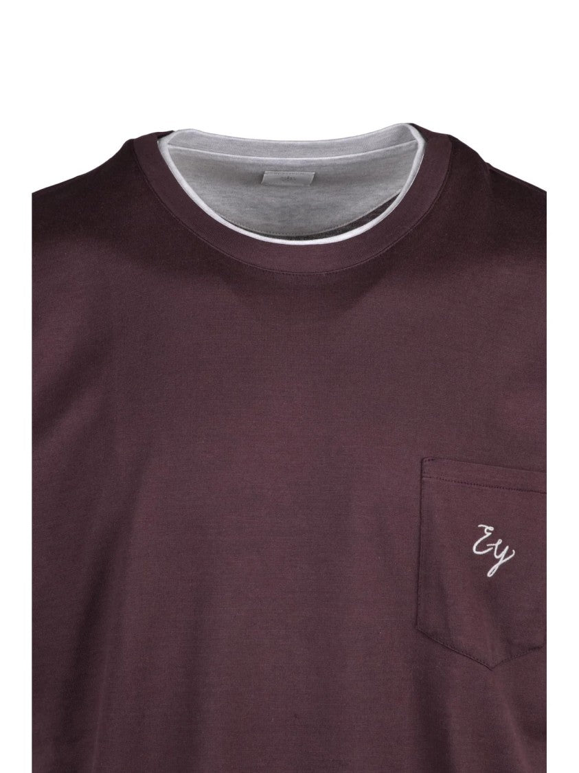Eleventy Burgundy Crew Neck Chest Pocket Cotton T-Shirt