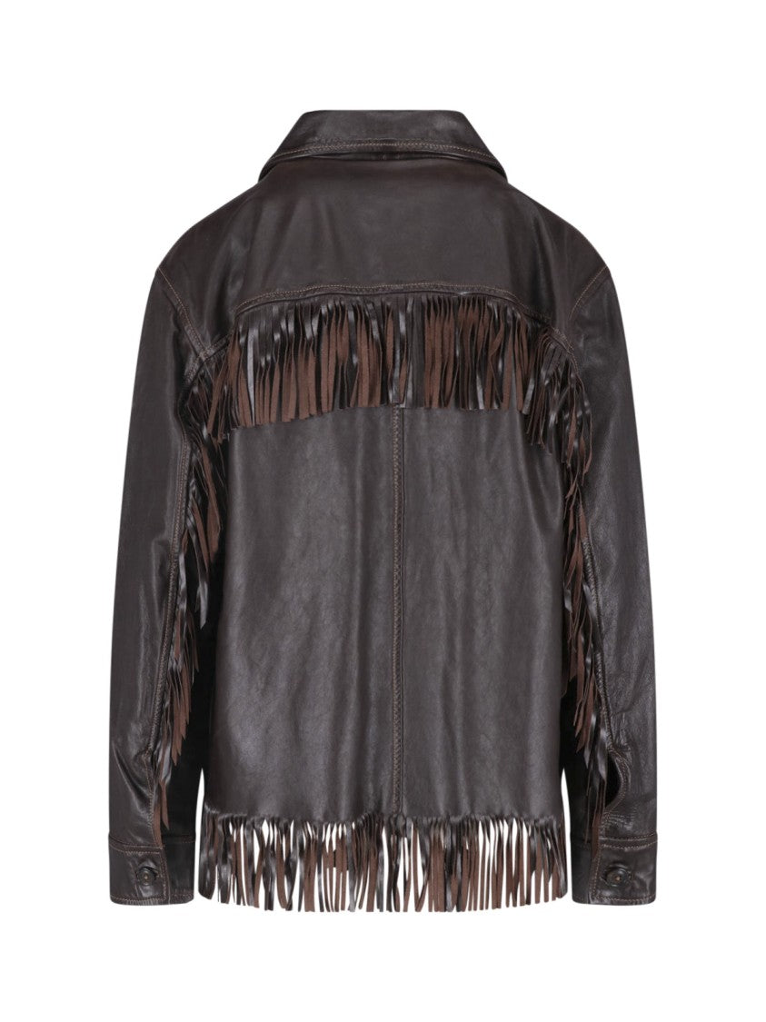 Polo Ralph Lauren Fringed Brown Leather Jacket With Classic Collar