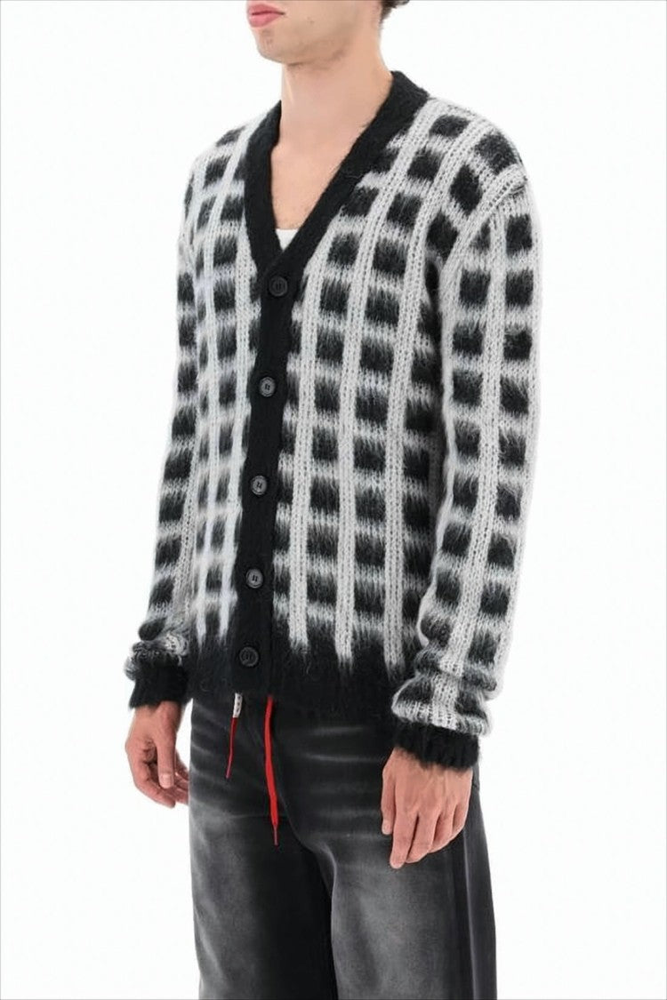 Marni Checkered Textured Cardigan With V-Neckline And Ribbed Accents