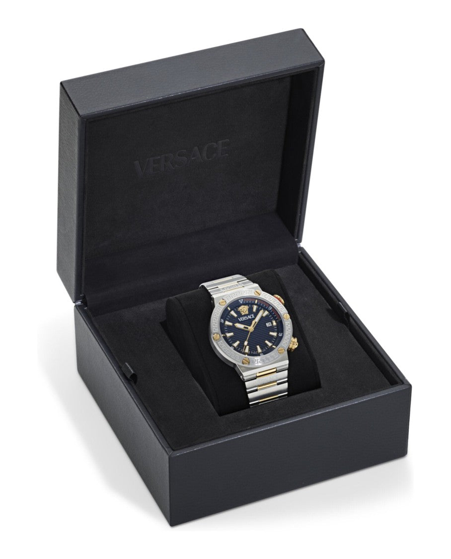 Versace Greca Logo Diver Bracelet Watch With Blue Guilloche Dial