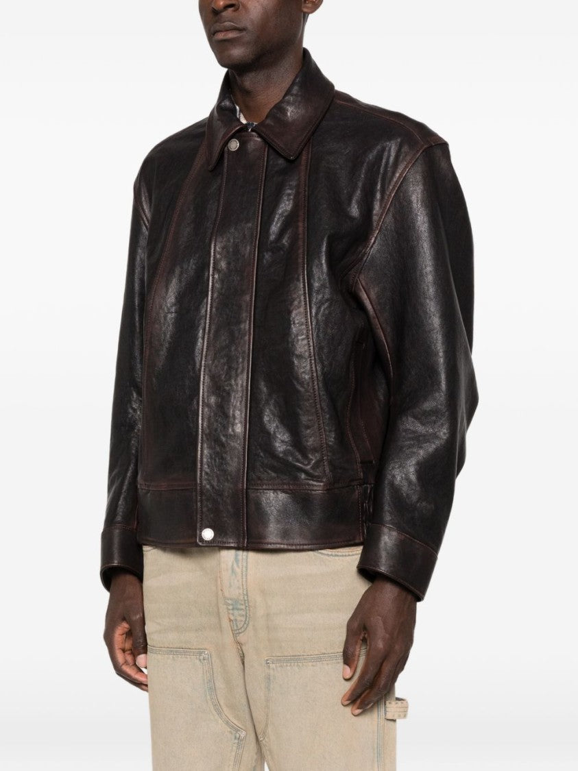Golden Goose Structured Brown Sheep Leather Jacket With Classic Collar