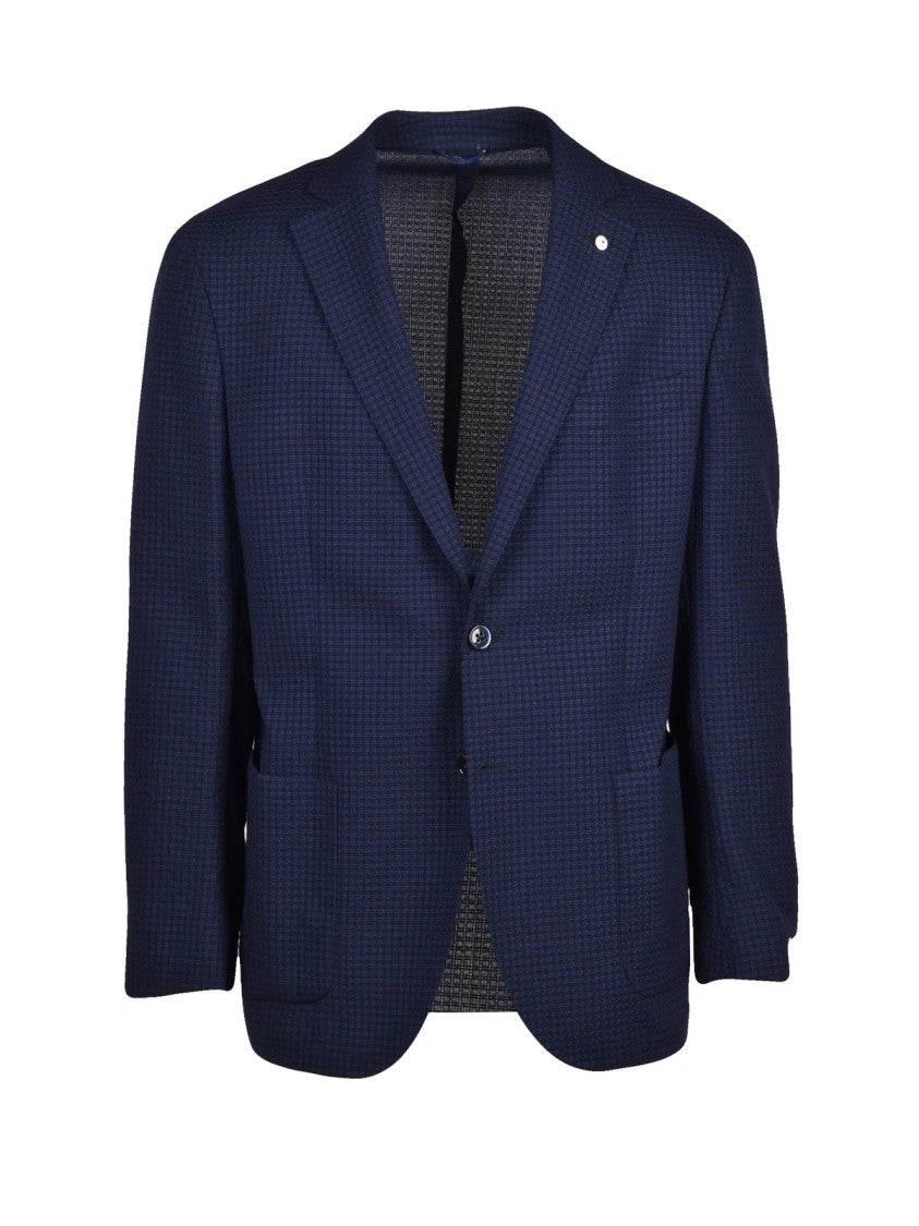 L.B.M. 1911 Blue Structured Deep Checkered Wool-Blend Blazer