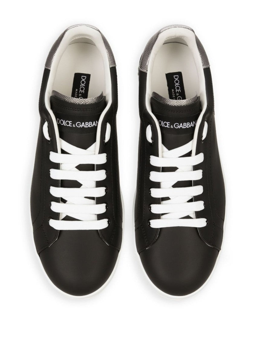 Dolce & Gabbana Laced Sneakers In Black Calfskin With Logo Patch
