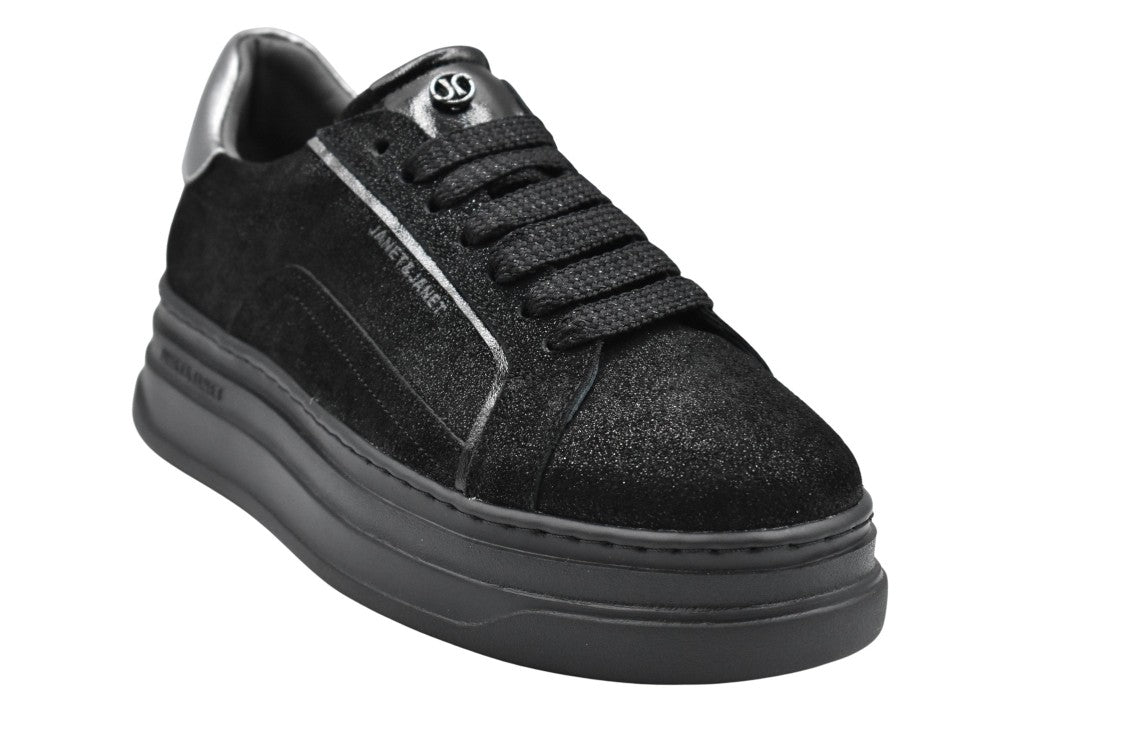Janet & Janet Black Textured Low Sneakers With Lace-Up Design