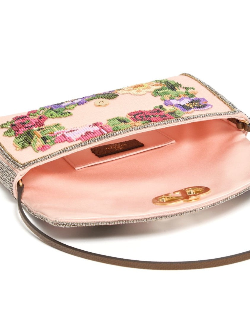 Valentino Garavani Structured Rectangular Bag With Floral Beadwork And Metallic Trim