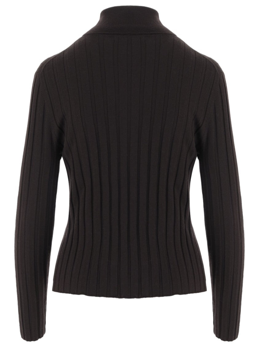 Allude Dark Brown High Neck Ribbed Knit Wool Sweater