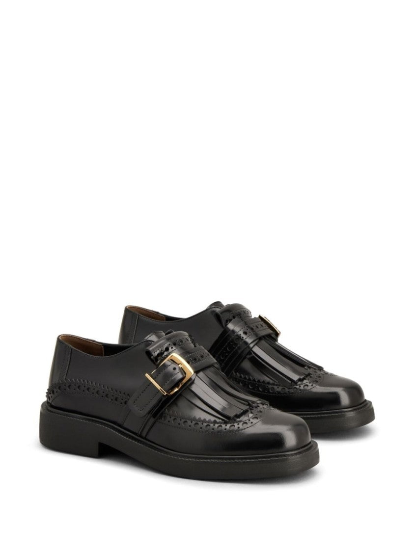 Tod's Elegant Black Shoes With Decorative Buckle And Fringe Detail