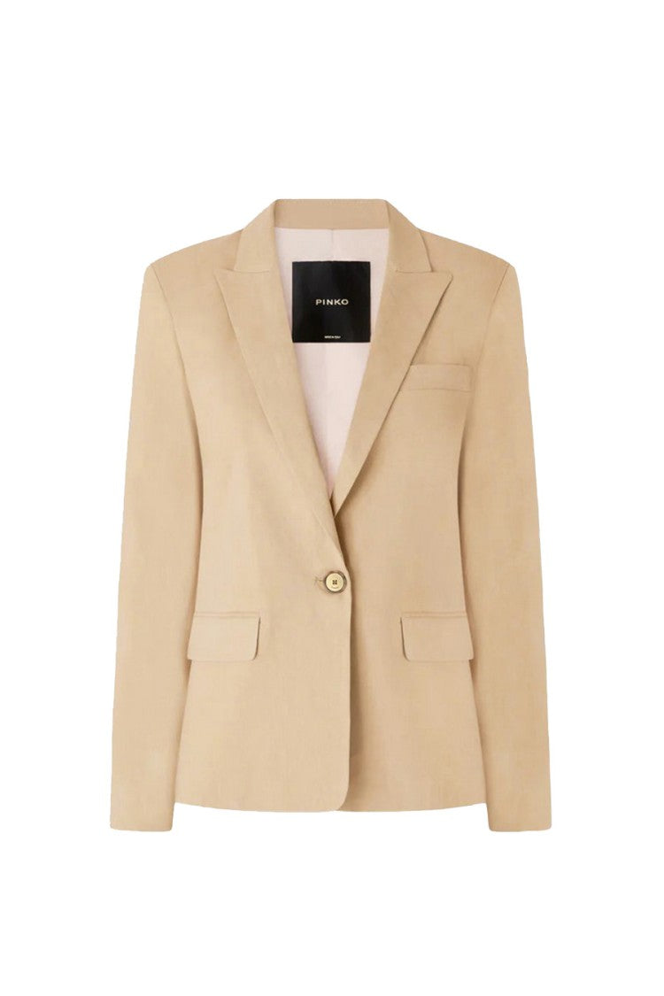 Pinko Beige Freda Single-Breasted Gold Button Linen-Blend Blazer