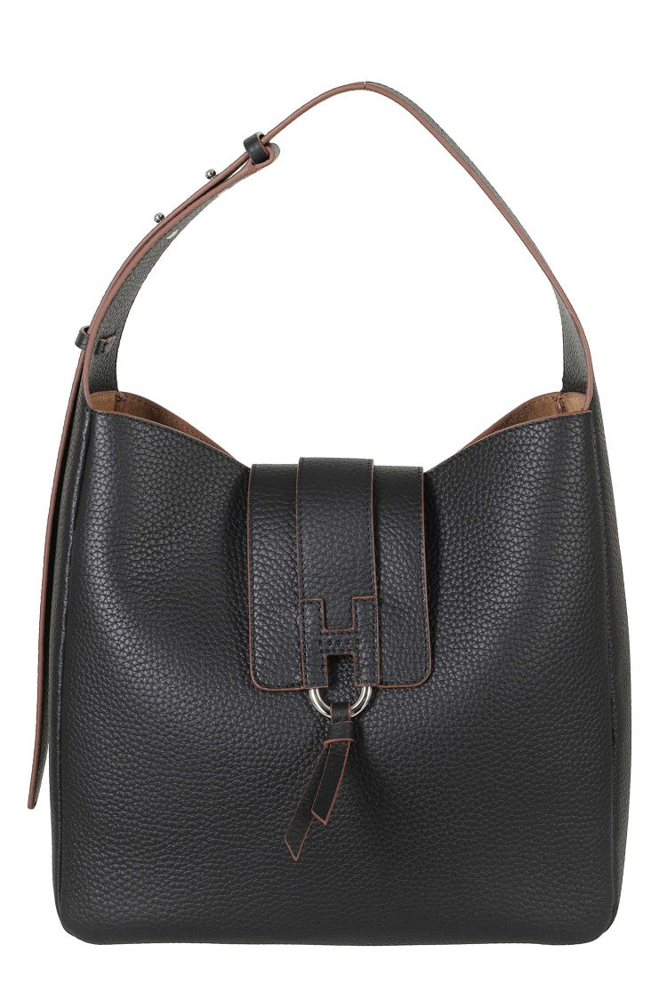 Hogan Structured Black Pebbled Leather Bag With Adjustable Shoulder Strap
