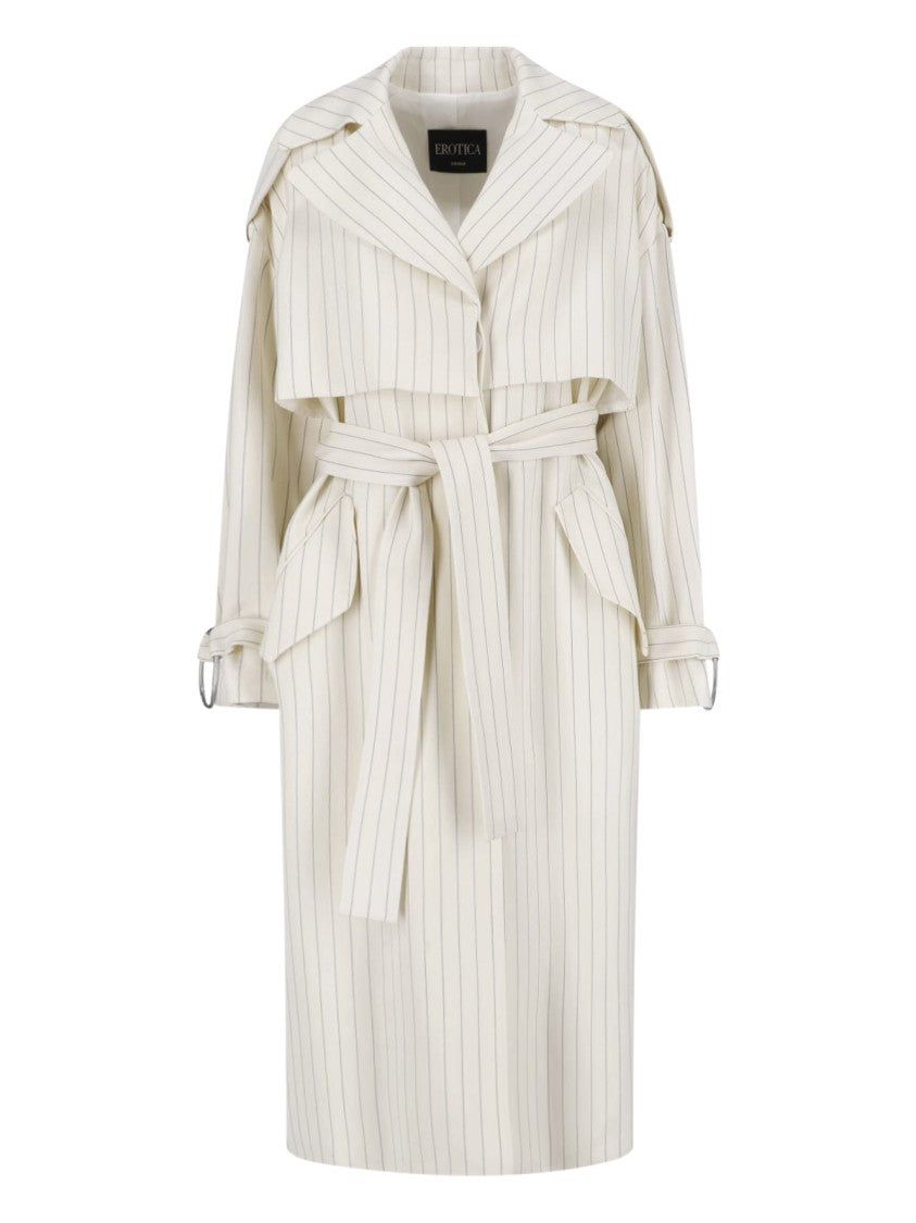 Dondup White Gessato Wool Pinstripe Trench Coat