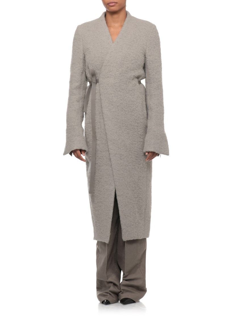 Rick Owens Textured Grey Wrap Coat With Lace Closure