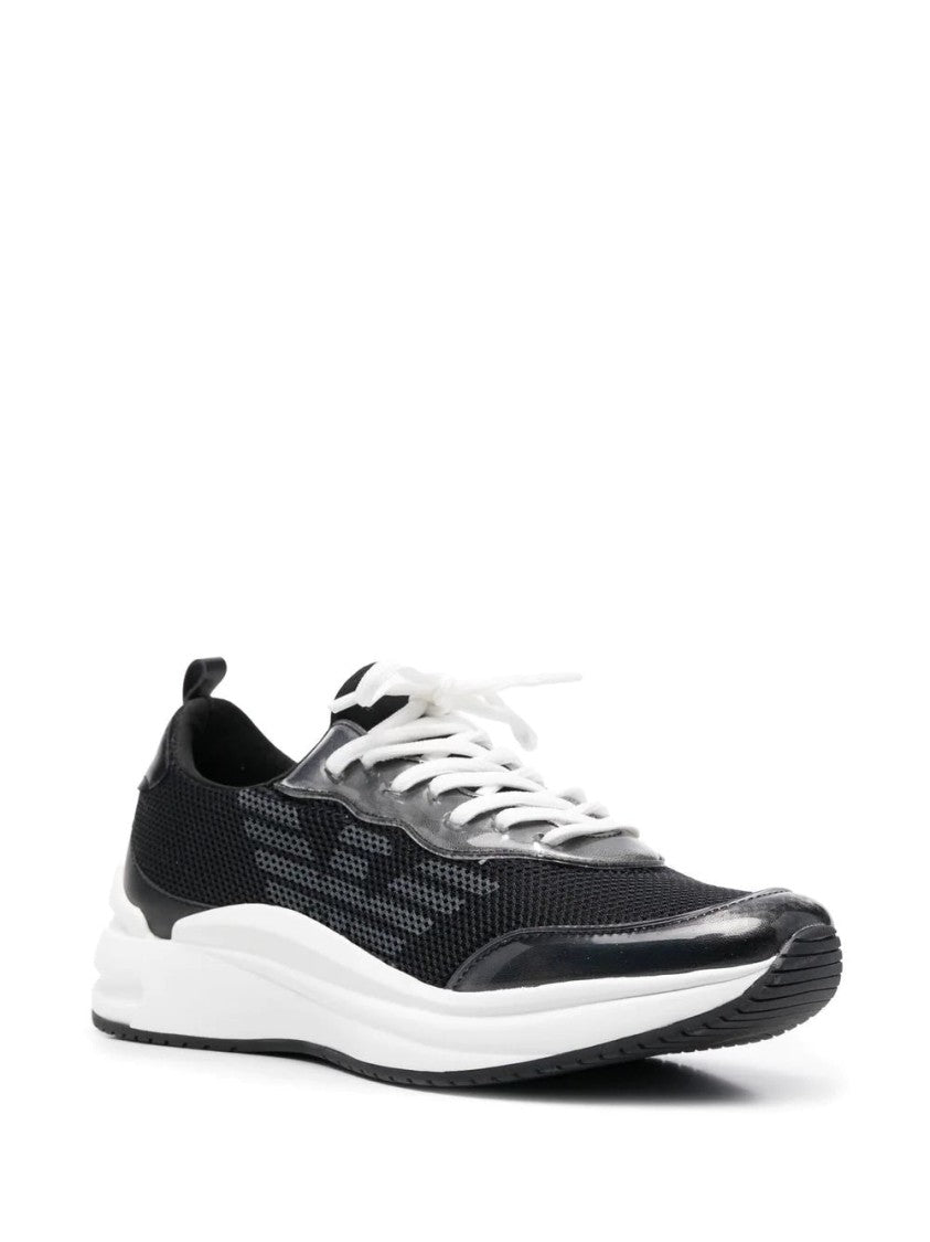 Emporio Armani Sleek Black Mesh Trainers With Glossy Overlays