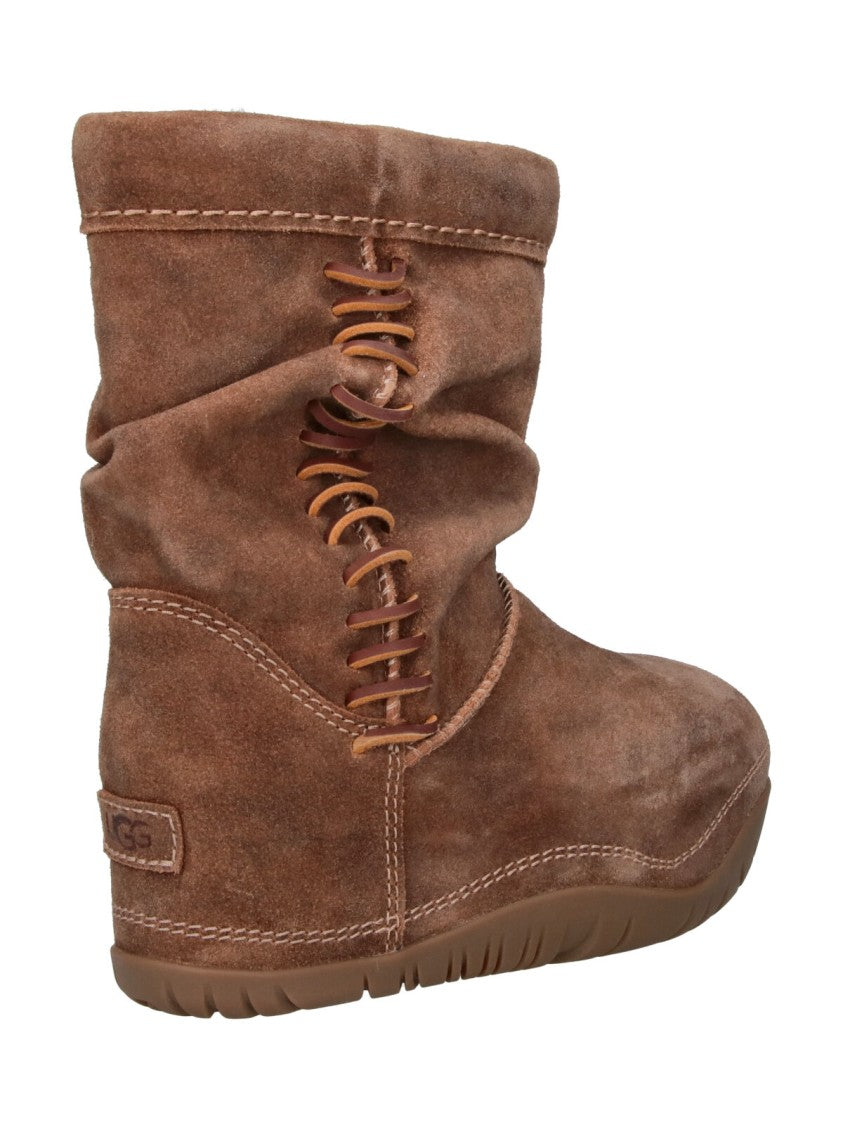Ugg Mid-Height Brown Leather Boots With Rounded Toe And Side Lacing