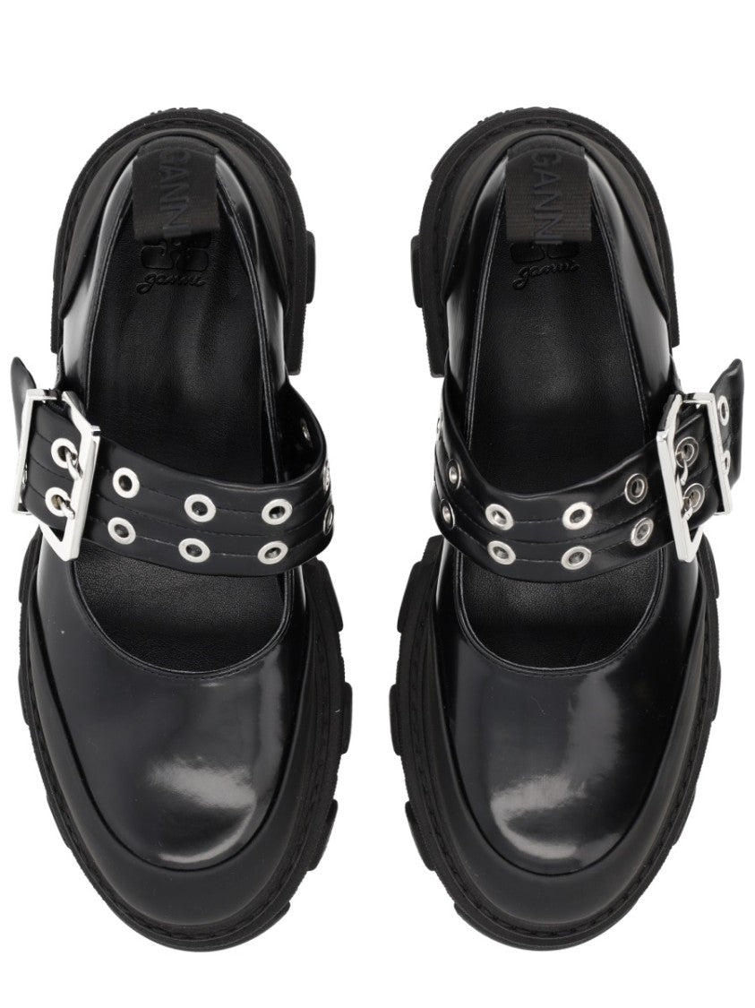 Ganni Logo Buckle Eyelets Platform Flats