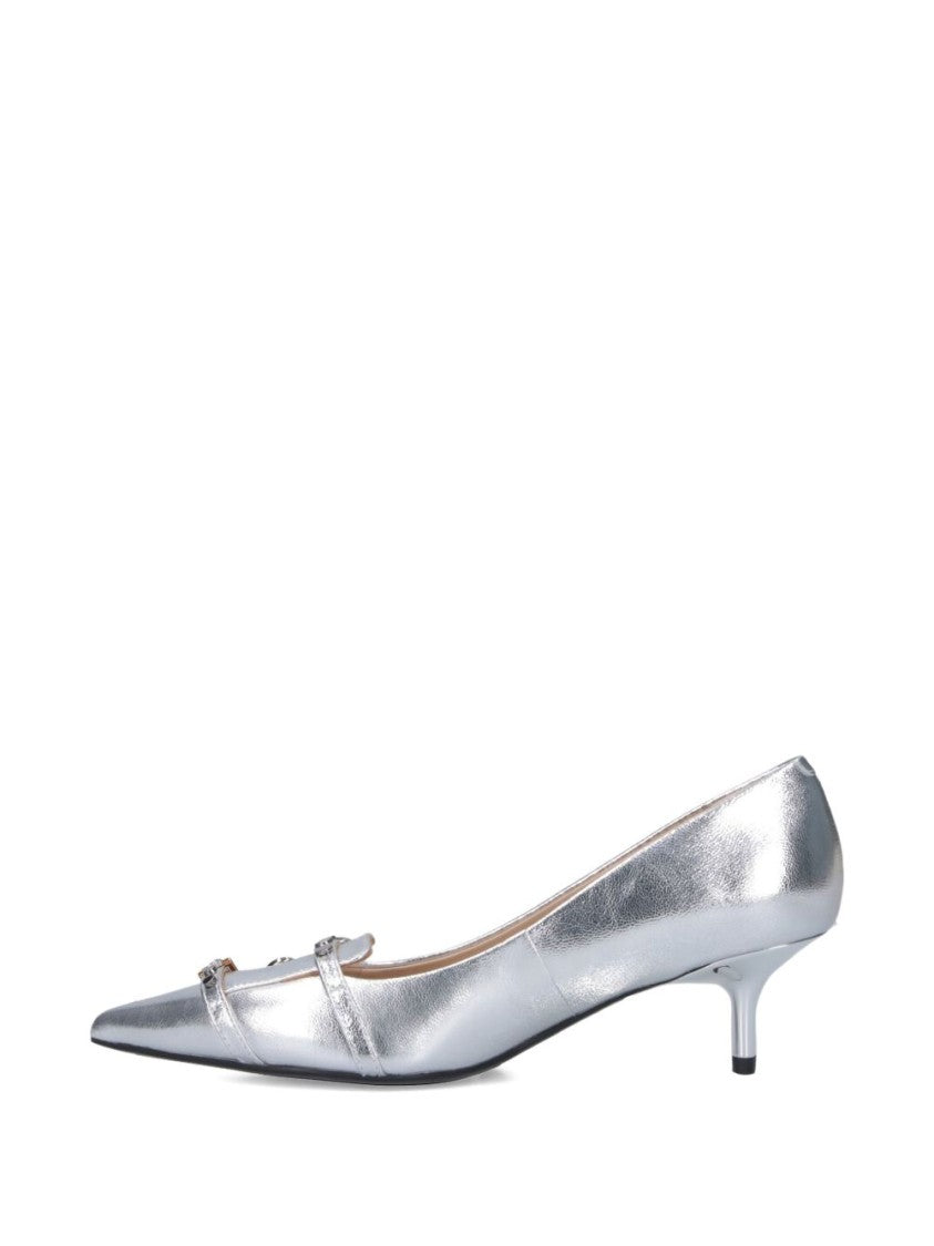 Pinko Pointed-Toe Silver Pump With Kitten Heel And Buckle Straps